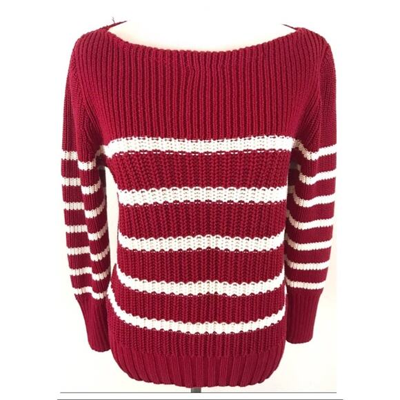 J. Crew Chunky Knit Nautical Dark Red White Stripe Boatneck Pullover Sweater XS - Picture 1 of 7